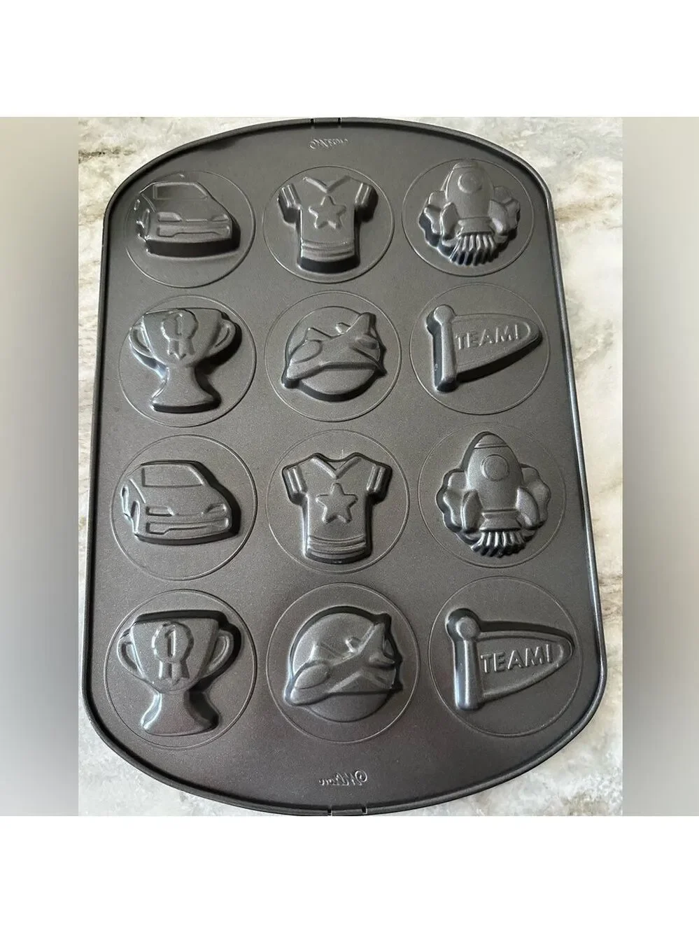 Wilton Ultra Bake 3 12 Cavity Boy Cookie Pan Rocket Jet Car 16.5